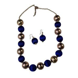Blue Gold Beaded Statement Necklace Earrings Set Fashion Jewelry u